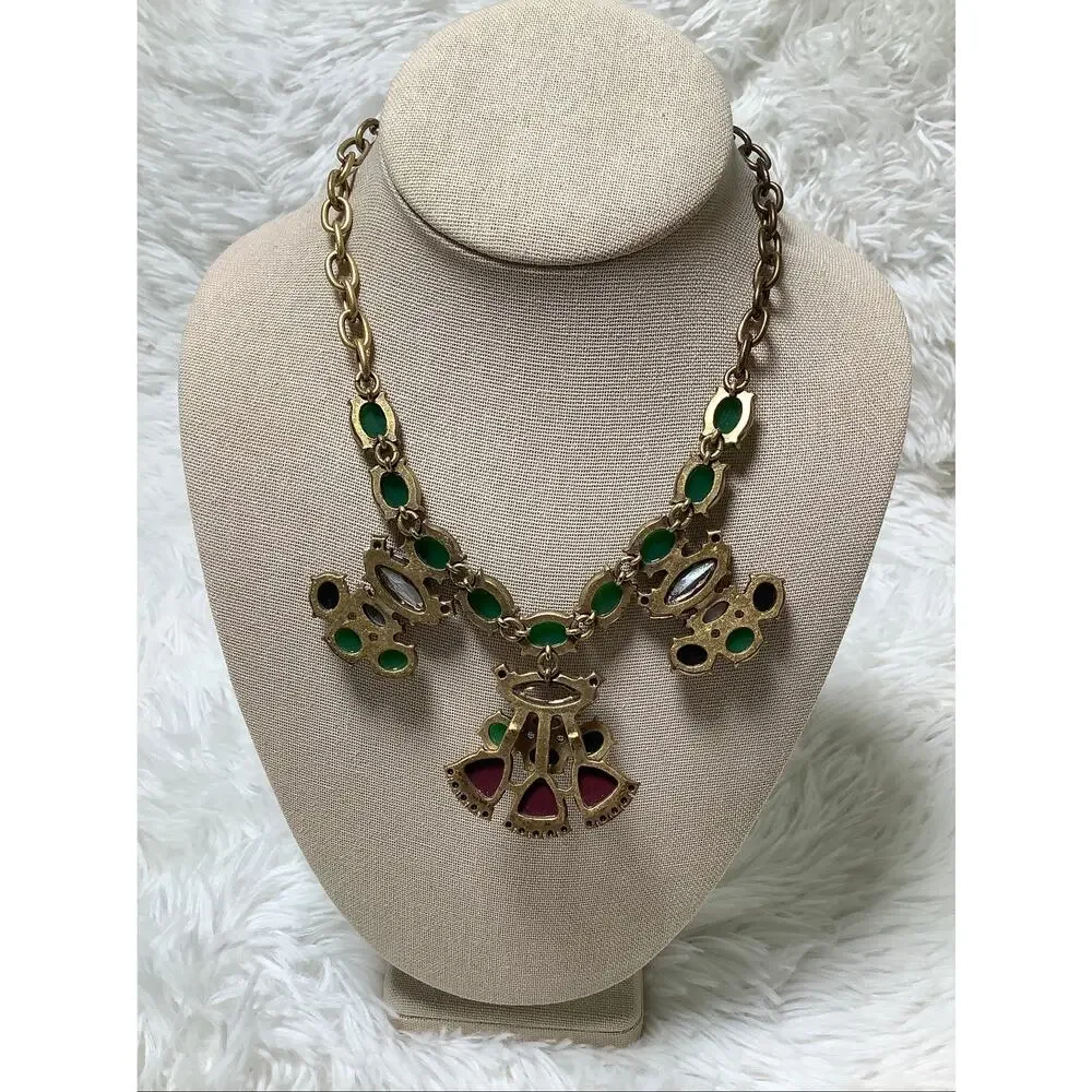 JCrew Gold Tone Jade Green Lucite Crystal Cluster Statement Necklace Boho F16-22